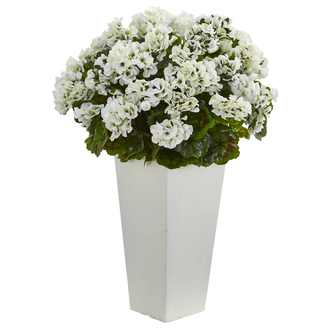 27" White UV Resistant Geranium Arrangement in White Planter